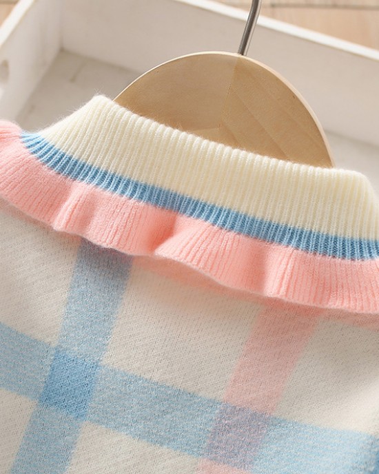 【18M-6Y】Girls Sweet Bow Colorful Plaid Lapel Sweater Dress