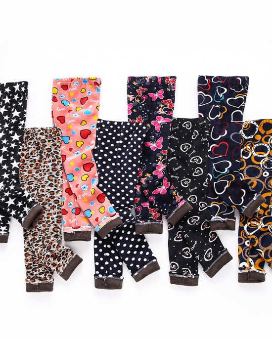 【3Y-12Y】Girls Stylish Leopard And Flowers And Cartoon Print Thickened Fleece Leggings