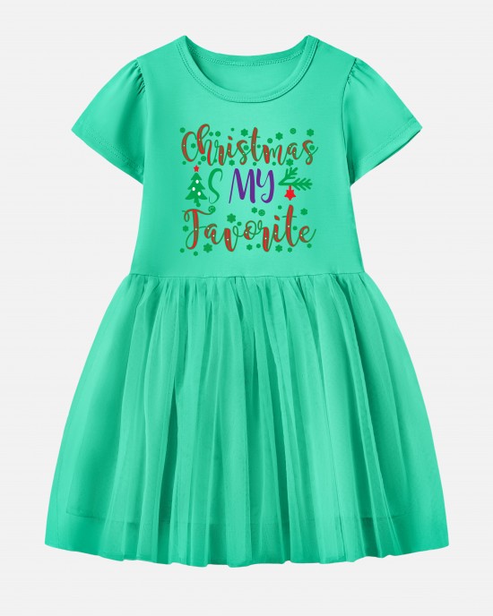 【12M-7Y】Girl Christmas Letters Print Cotton Stain Resistant Cartoon Splicing Tulle Short Sleeve Dress