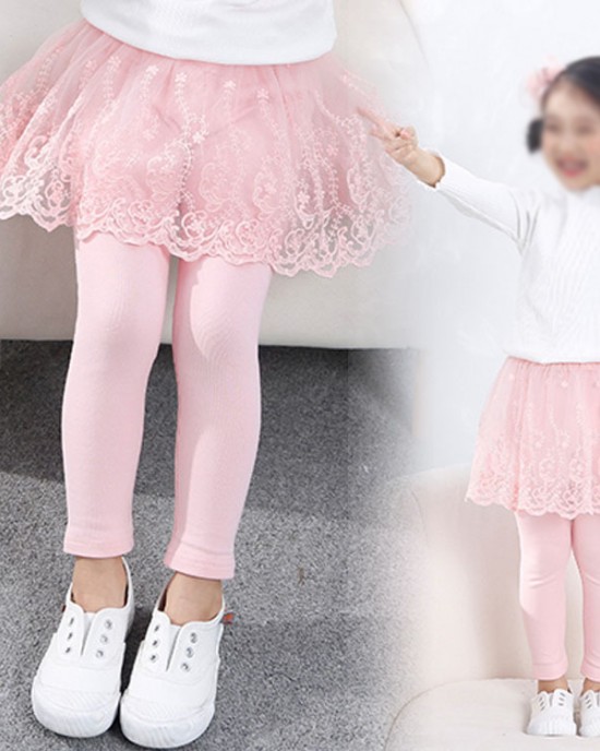 【18M-6Y】Girls Cute Floral Embroidered Lace Skirt Fake Two Piece Leggings