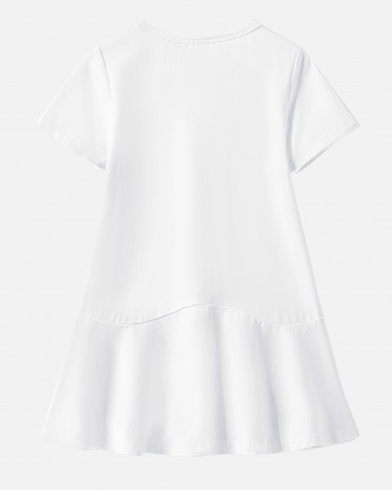 【18M-9Y】Girl Christmas Letters And Bow Print Stain Resistant Cotton Short Sleeve Dress