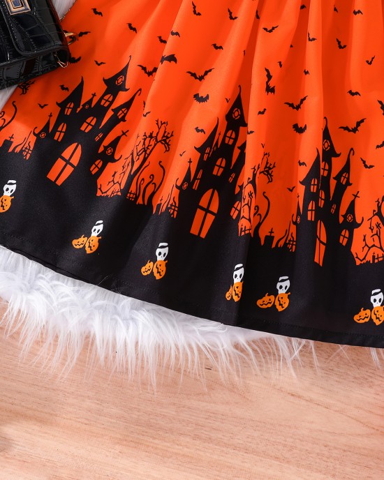 【3Y-7Y】Girls Halloween Printed Orange Round Neck Long Sleeve Dress