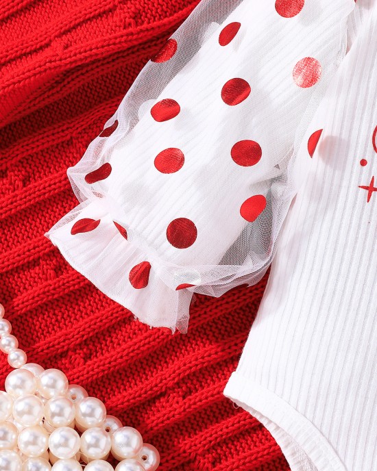 【3M-24M】3-piece Baby Girl Cute Christmas Letter And Polka Dot Print White Romper And Red Pants Set With Bow Hairband