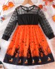 【3Y-7Y】Girls Halloween Printed Orange Round Neck Long Sleeve Dress