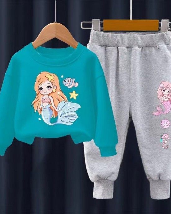 【18M-11Y】2-piece Girls Cute Mermaid Print Sweatshirt And Pants Set - 34287