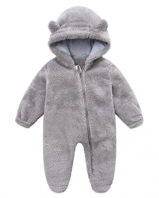 【0M-12M】Unisex Baby Thickened Fleece Hooded Bodysuit Coral Fleece Romper