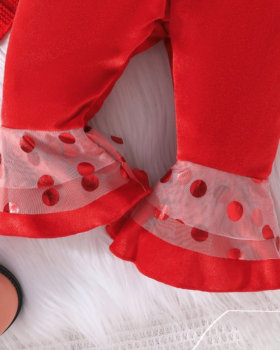 【3M-24M】3-piece Baby Girl Cute Christmas Letter And Polka Dot Print White Romper And Red Pants Set With Bow Hairband