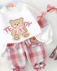 【12M-5Y】2-piece Girls Cute Bear And Letter Print Round Neck Long Sleeve Sweatshirt And Plaid Pants Set - 34423