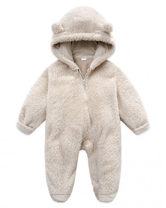 【0M-12M】Unisex Baby Thickened Fleece Hooded Bodysuit Coral Fleece Romper