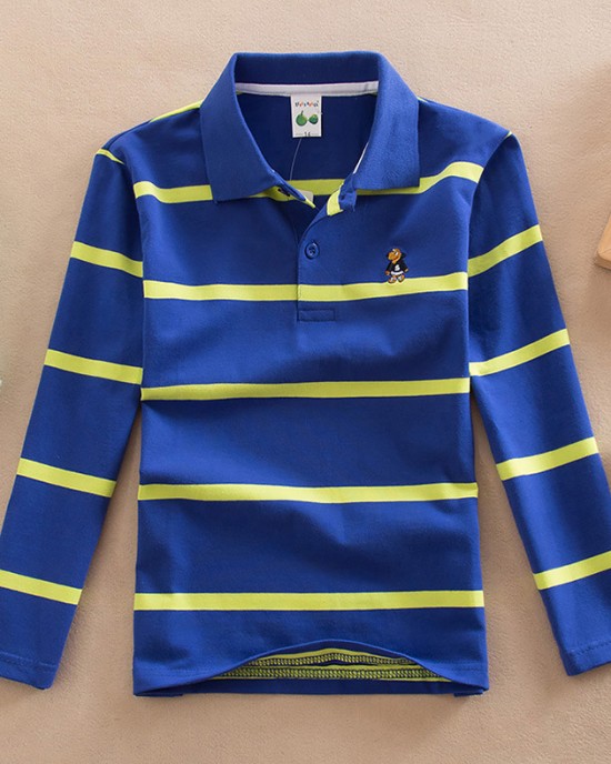 【18M-13Y】Boys Casual Striped Cotton Fabric Long Sleeve Polo Shirt