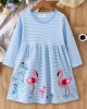 【18M-7Y】Girls Sweet Flamingo And Floral Embroidered Blue Striped Long Sleeve Dress