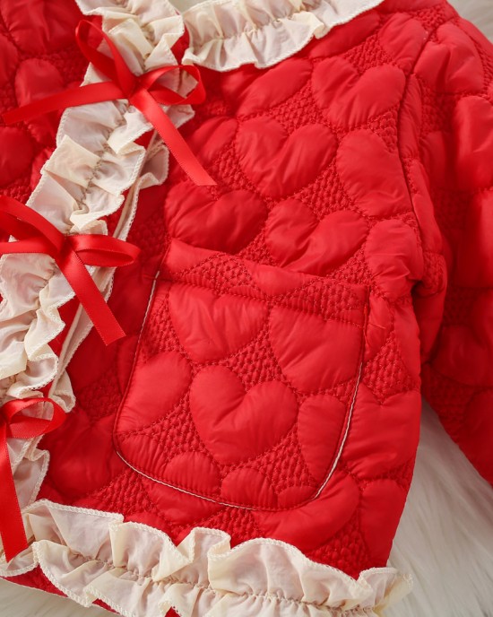 【12M-4Y】Girls Sweet Bow And Ruffle Heart Shape Jacquard Padded Fleece Coat