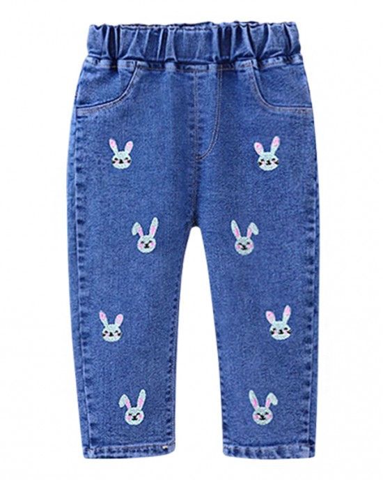 【12M-5Y】Girls Cute Bunny And Cartoon Embroidery Blue Jeans