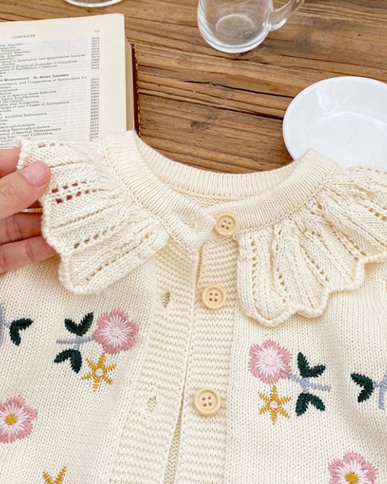 【12M-6Y】Girls Cute Floral Embroidered Lapel Sweater Cardigan (Hat Not Included)