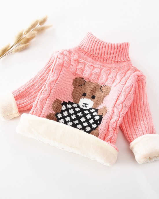 【18M-9Y】Kids Fashion Bear Pattern High Quality Fleece Thickened Funnel Neck Sweater - 9108