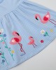 【18M-7Y】Girls Sweet Flamingo And Floral Embroidered Blue Striped Long Sleeve Dress