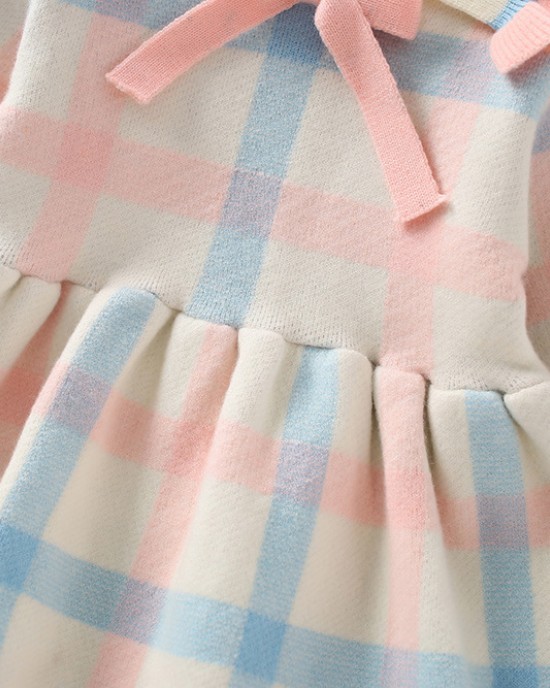 【18M-6Y】Girls Sweet Bow Colorful Plaid Lapel Sweater Dress