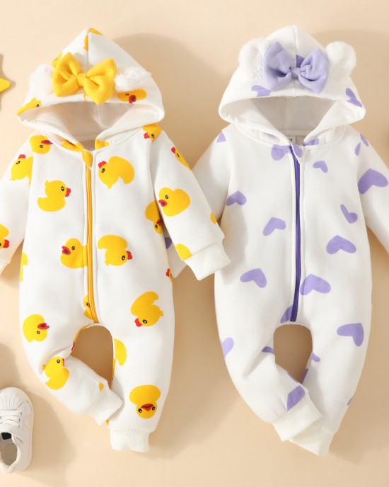 【0M-18M】Baby Girl Cute Duck And Heart Shape Print And Bow Hooded Romper