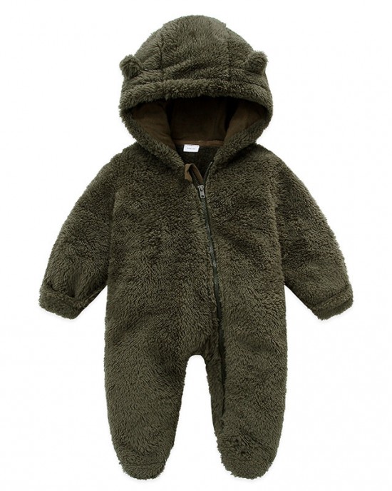 【0M-12M】Unisex Baby Thickened Fleece Hooded Bodysuit Coral Fleece Romper