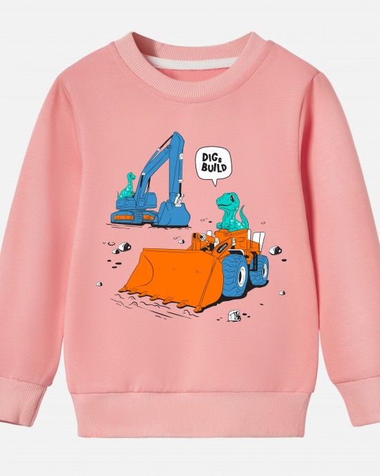 【12M-9Y】Boys Excavator And Dinosaur Print Cotton Stain Resistant Long Sleeve Sweatshirt