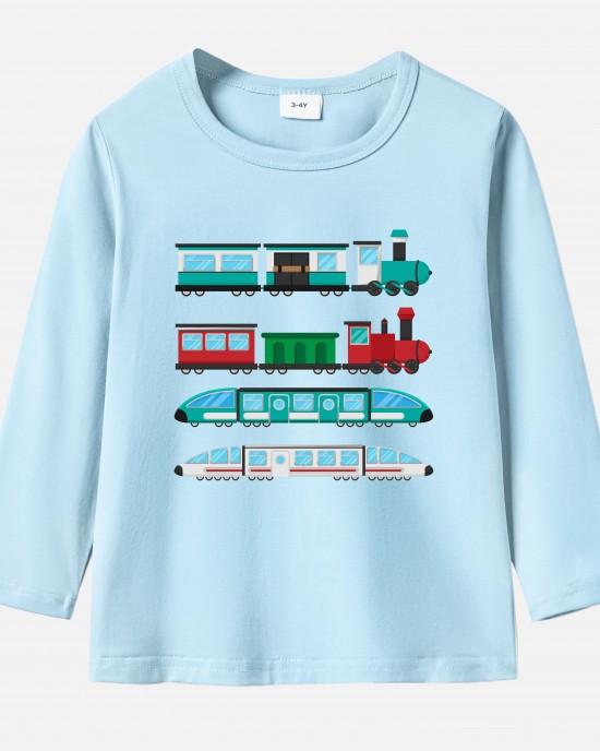 【12M-9Y】Kids Train Print Cotton Stain Resistant Long Sleeve T-shirt