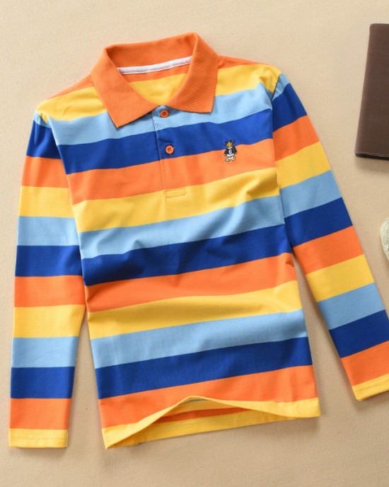 【18M-12Y】Boys Casual Striped Cotton Fabric Long Sleeve Polo Shirt