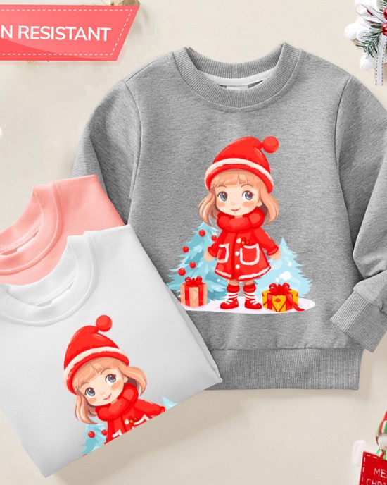 【12M-9Y】Girl Cartoon Christmas Print Cotton Stain Resistant Long Sleeve Sweatshirt