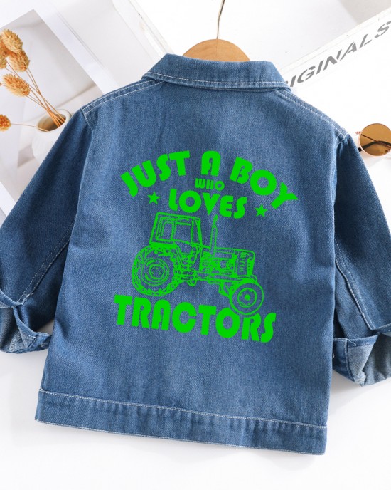 【2Y-10Y】Boys Casual Letters And Tractor Print Blue Denim Jacket