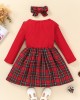 【3M-7Y】2-piece Girls Sweet Plaid Long Sleeve Dress With Hairband - 33255