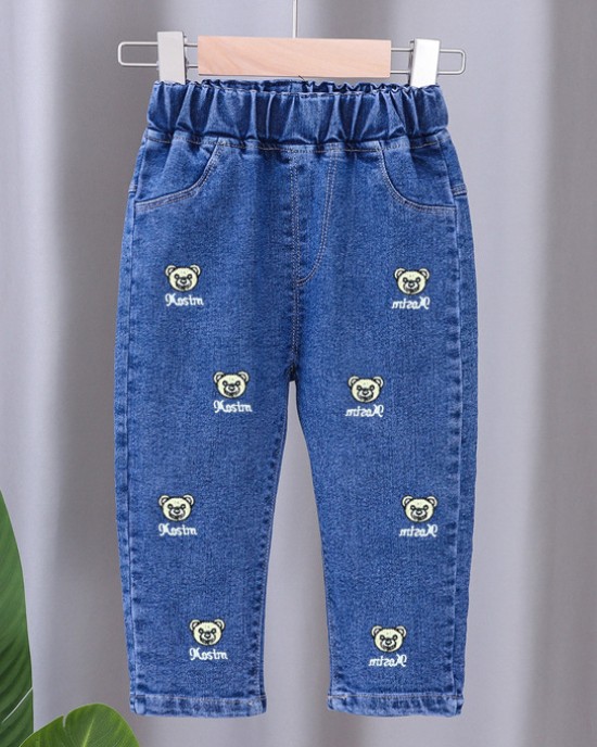 【12M-5Y】Girls Cute Bunny And Cartoon Embroidery Blue Jeans