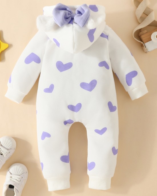 【0M-18M】Baby Girl Cute Duck And Heart Shape Print And Bow Hooded Romper