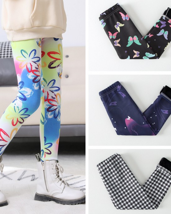 【2Y-13Y】Girls Casual Butterfly & Houndstooth & Flowers Fleece Leggings