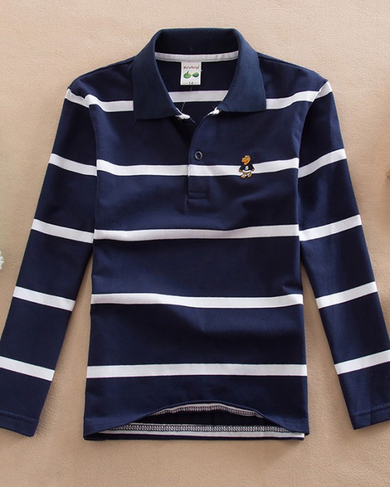 【18M-13Y】Boys Casual Striped Cotton Fabric Long Sleeve Polo Shirt