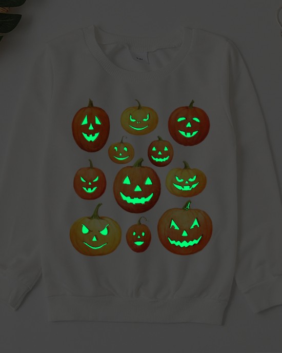 【2Y-9Y】Kids Casual Luminous Halloween Pumpkin Print Long Sleeve Sweatshirt