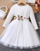 【18M-6Y】Girls Fashion Floral Embroidery Round Neck Long Sleeve Mesh Dress