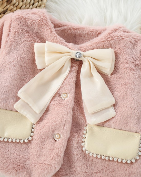 【12M-4Y】Girls Sweet Bow And Pearl Faux Fur Coat