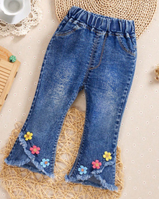 【6M-9Y】Girl Sweet Flowers And Fringed Blue Jeans