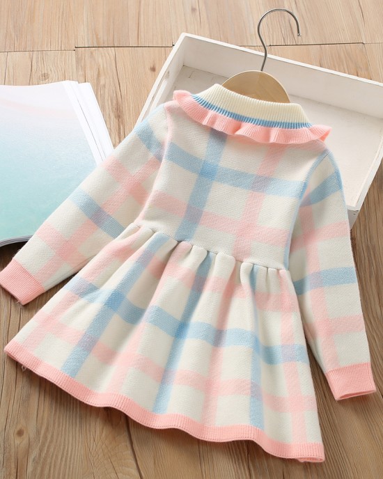 【18M-6Y】Girls Sweet Bow Colorful Plaid Lapel Sweater Dress