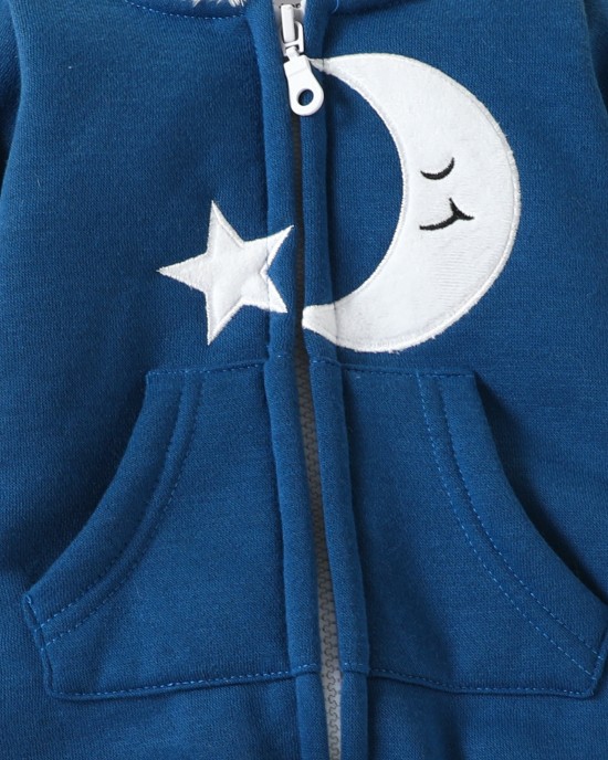 【0M-18M】Baby Adorable Moon And Cloud Embroidered Blue Hooded Romper - 8012