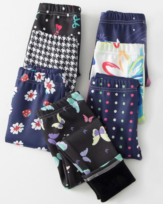 【2Y-13Y】Girls Casual Butterfly & Houndstooth & Flowers Fleece Leggings