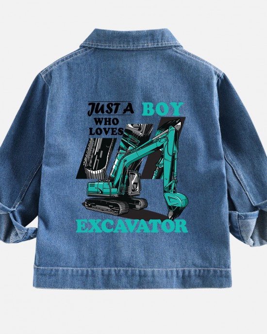 【2Y-10Y】Boys Letter And Excavator Print Blue Denim Jacket