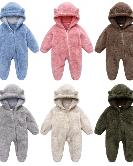 【0M-12M】Unisex Baby Thickened Fleece Hooded Bodysuit Coral Fleece Romper