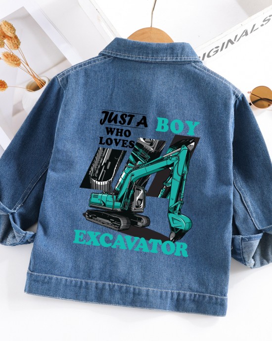 【2Y-10Y】Boys Letter And Excavator Print Blue Denim Jacket