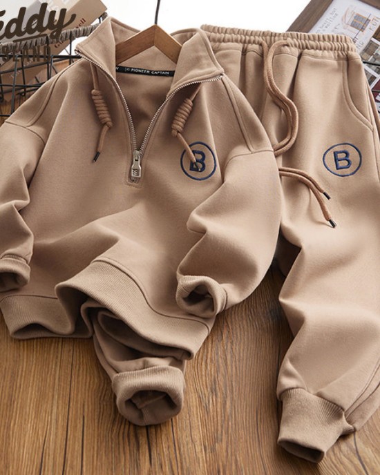 【4Y-12Y】2-piece Boys Casual Letter Embroidered Sweatshirt And Pants Set