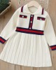 【18M-6Y】Girls Fashion Striped Patchwork Lapel Long Sleeve Dress - 33341