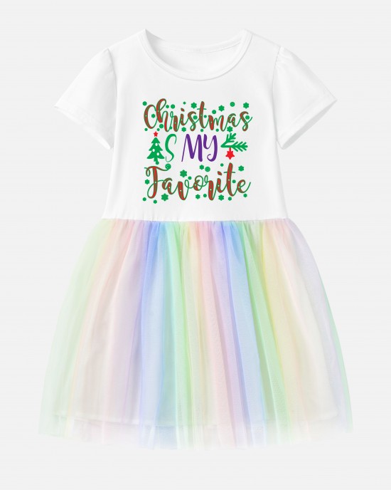 【12M-7Y】Girl Christmas Letters Print Cotton Stain Resistant Cartoon Splicing Tulle Short Sleeve Dress