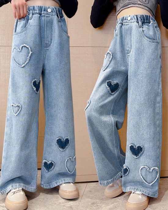 【4Y-12Y】Girls Fashion Heart Shape Embroidered Blue Jeans