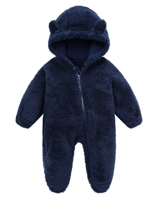 【0M-12M】Unisex Baby Thickened Fleece Hooded Bodysuit Coral Fleece Romper