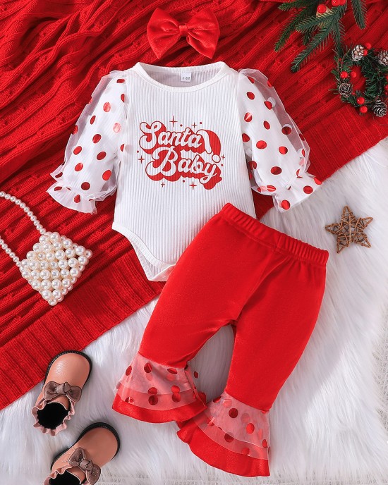 【3M-24M】3-piece Baby Girl Cute Christmas Letter And Polka Dot Print White Romper And Red Pants Set With Bow Hairband