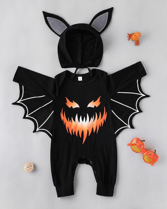 【6M-3Y】2-piece Baby Halloween Print Black Bat Romper With Hat